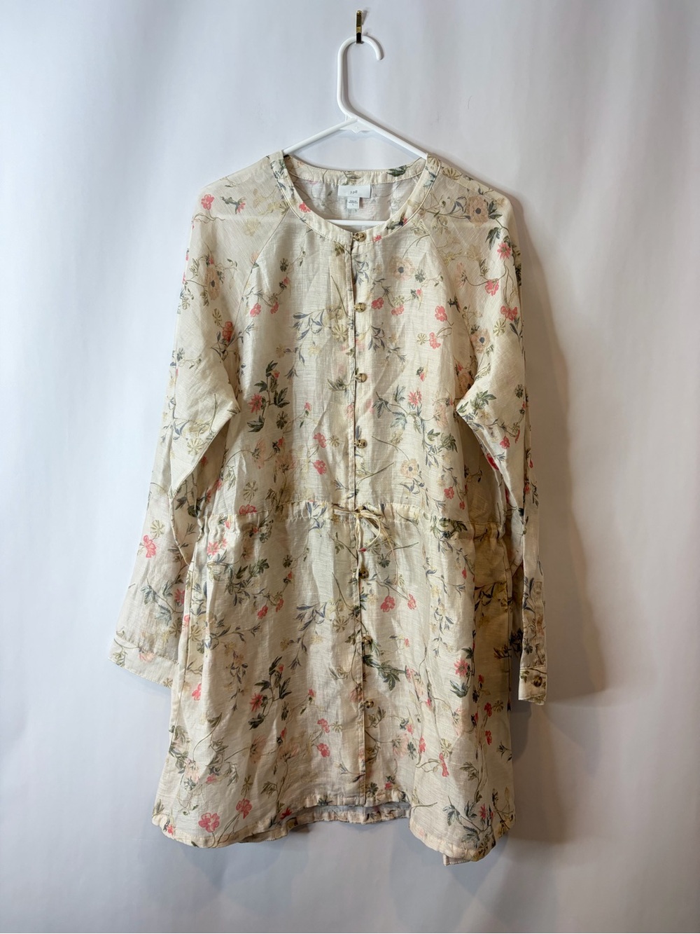 J. Jill Cream Floral Long-Sleeve Casual Semi Sheer Tunic Cinch Waist Large